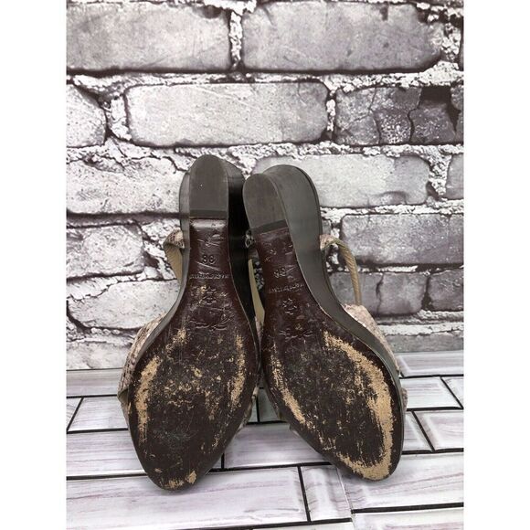 Longchamp Gray Taupe Snake Skin Leather Peep Toe Wedge Strap Sandals Women Sz 38 - Picture 14 of 16